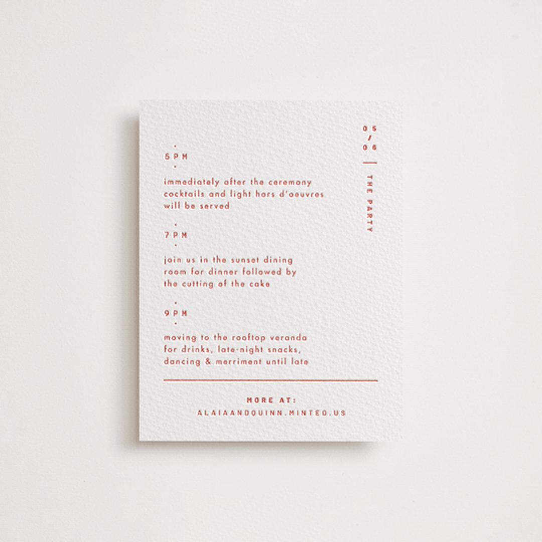 "Alaia" - Letterpress Reception Cards in Verona Sunset by Blustery August - Front