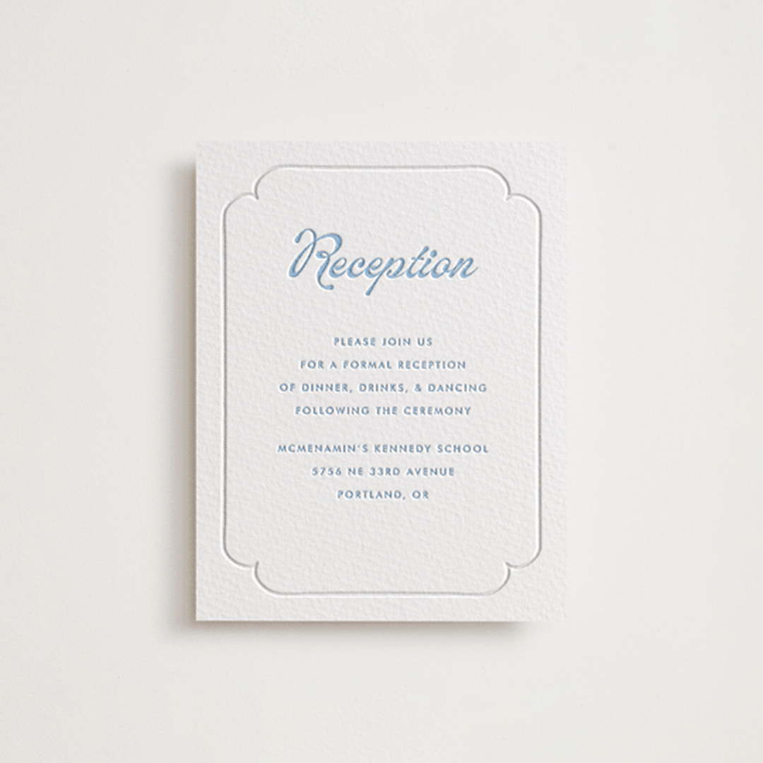 "Victorian Chic" - Letterpress Reception Cards in Sky Blue by Morgan Kendall - Front