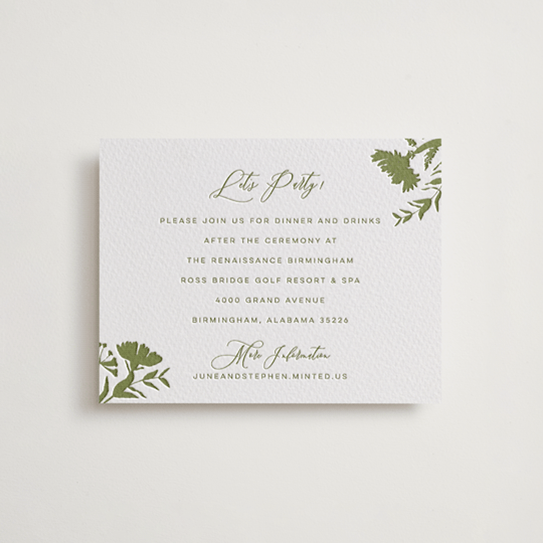 "Untied" - Letterpress Reception Cards in Pistachio by Erin Hodges - Front