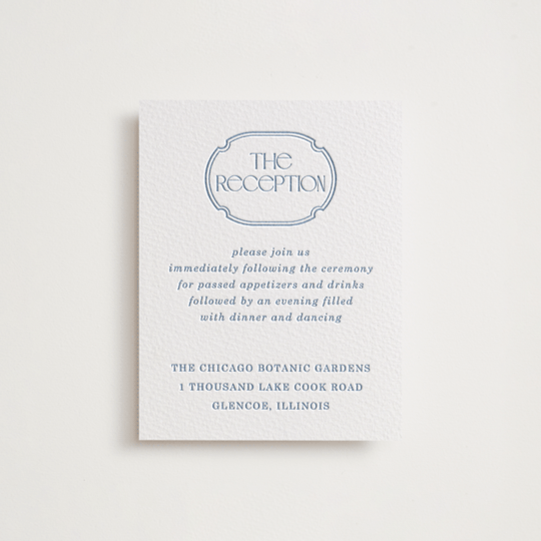 "Flora Arch" - Letterpress Reception Cards in Provincial Blue by Baumbirdy - Front
