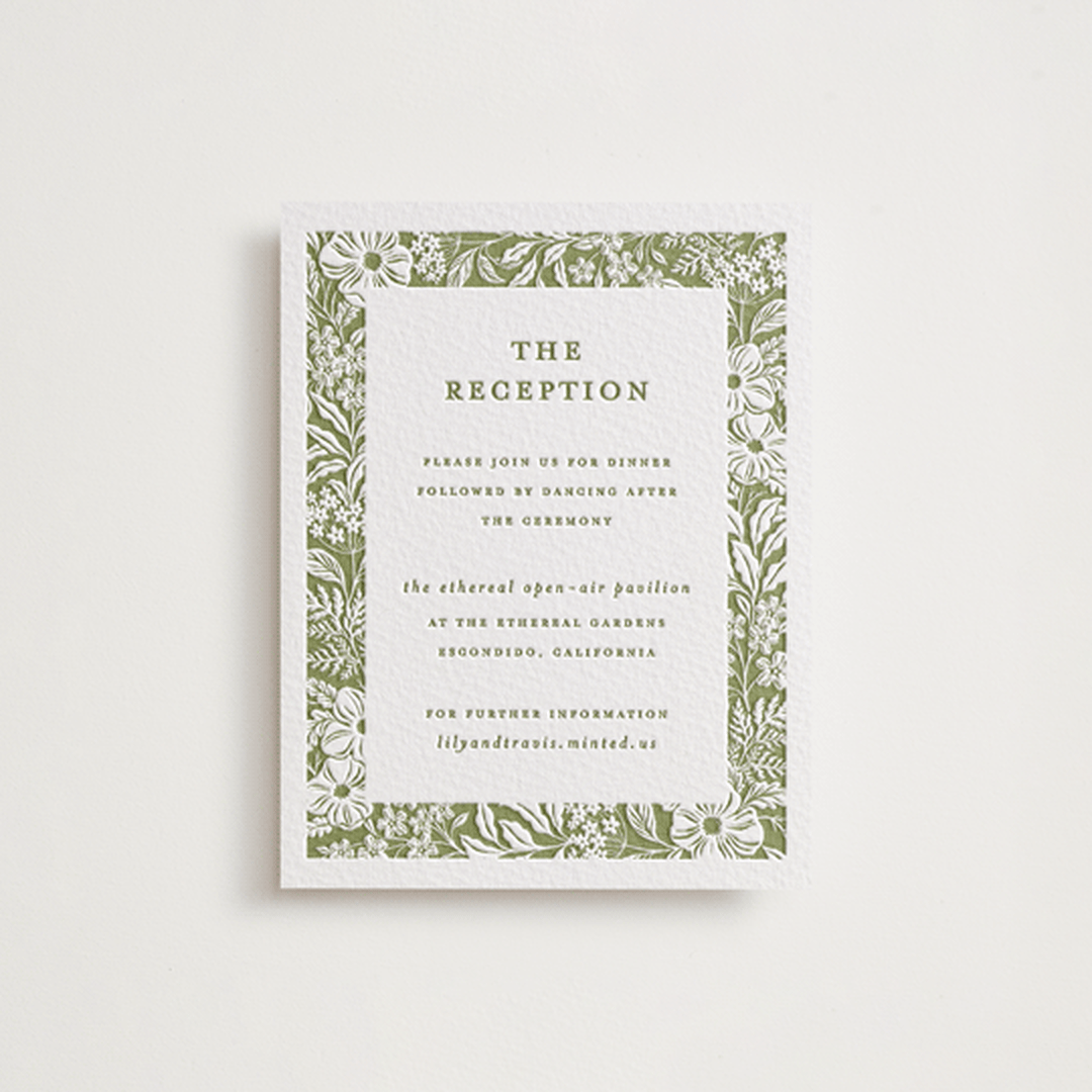 "Ethereal gardens" - Letterpress Reception Cards in Pistachio by Sarah Knight - Front