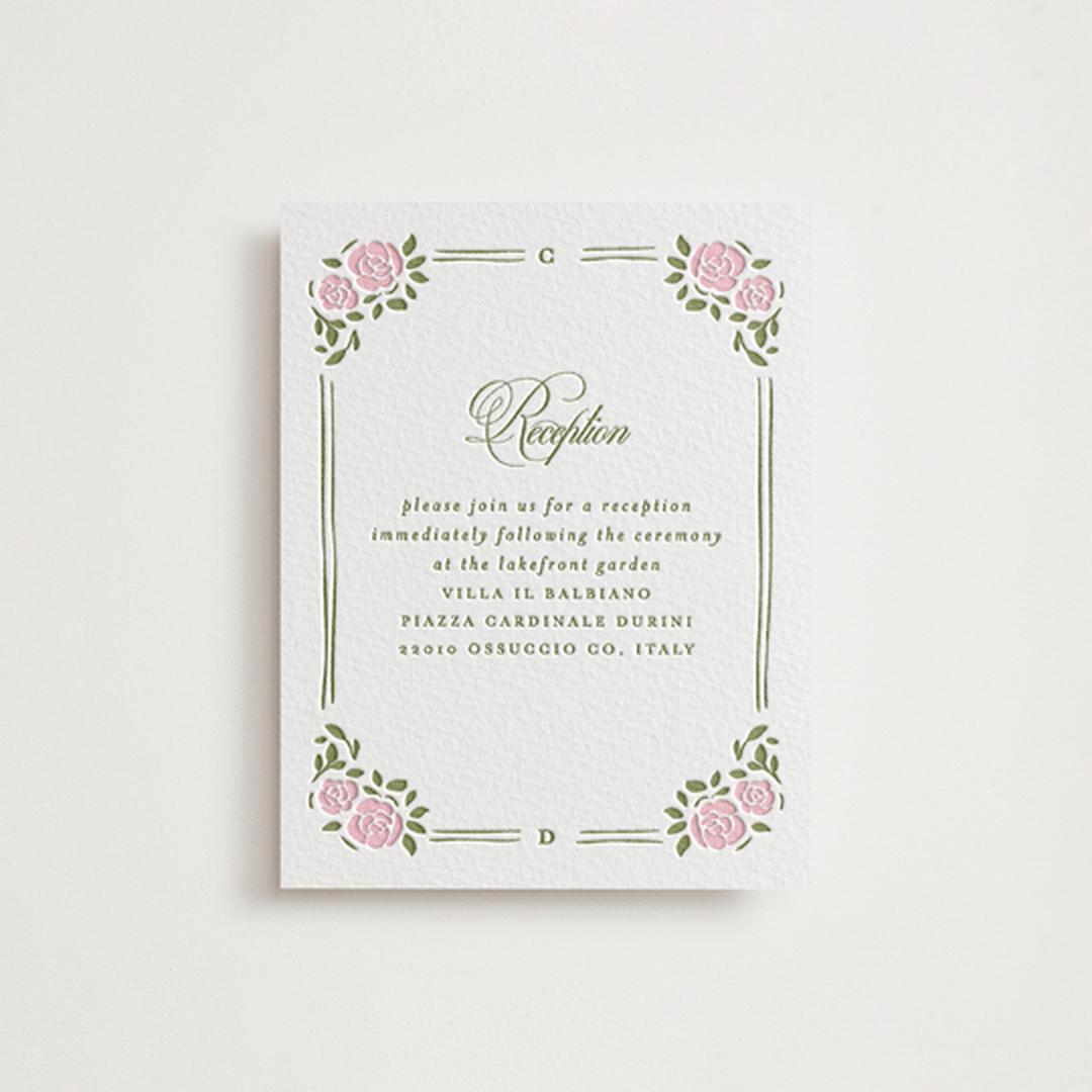"Vintage Blooms" - Letterpress Reception Cards in Pistachio by Creo Study - Front