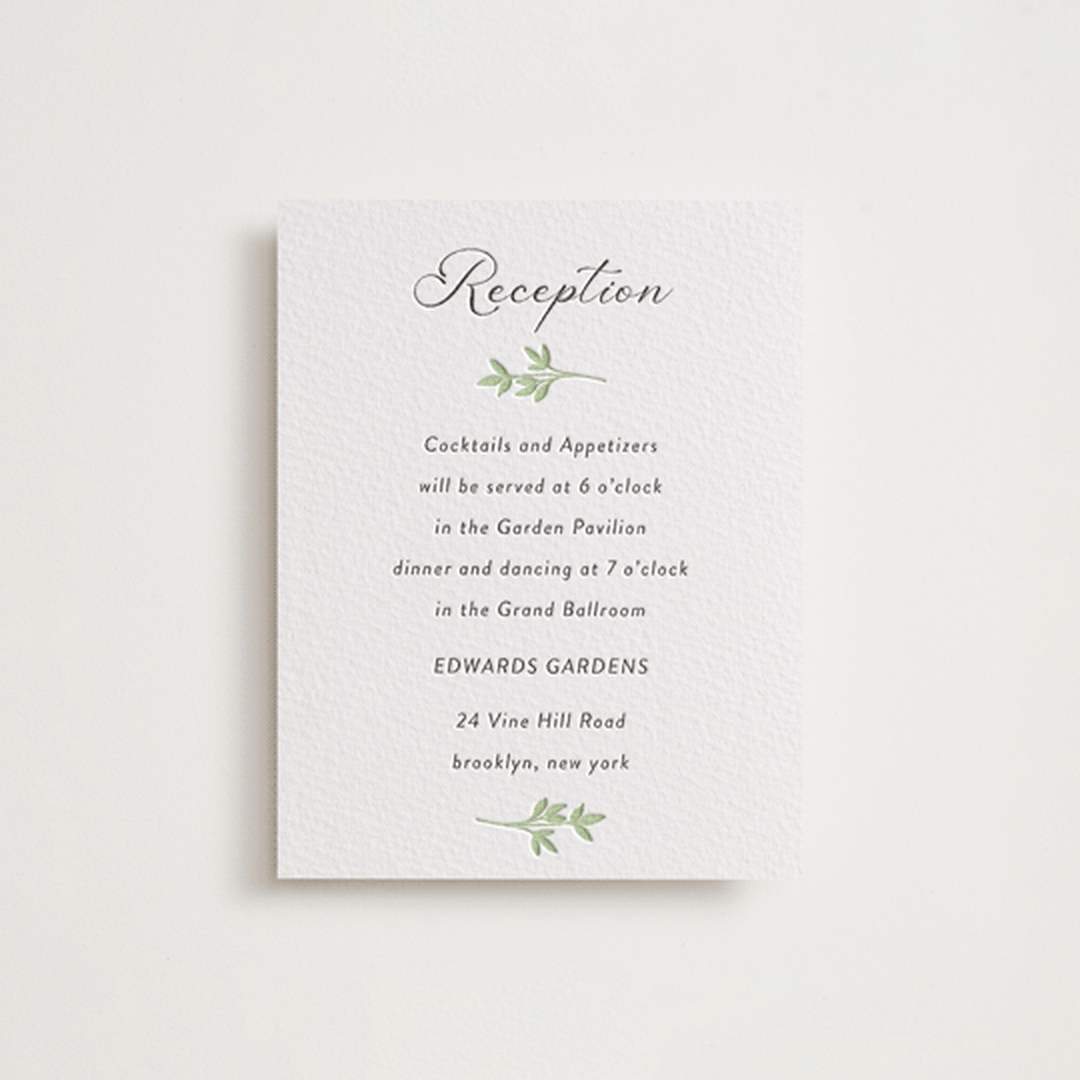 "Flower Garden" - Letterpress Reception Cards in Tea Green by Susan Moyal - Front