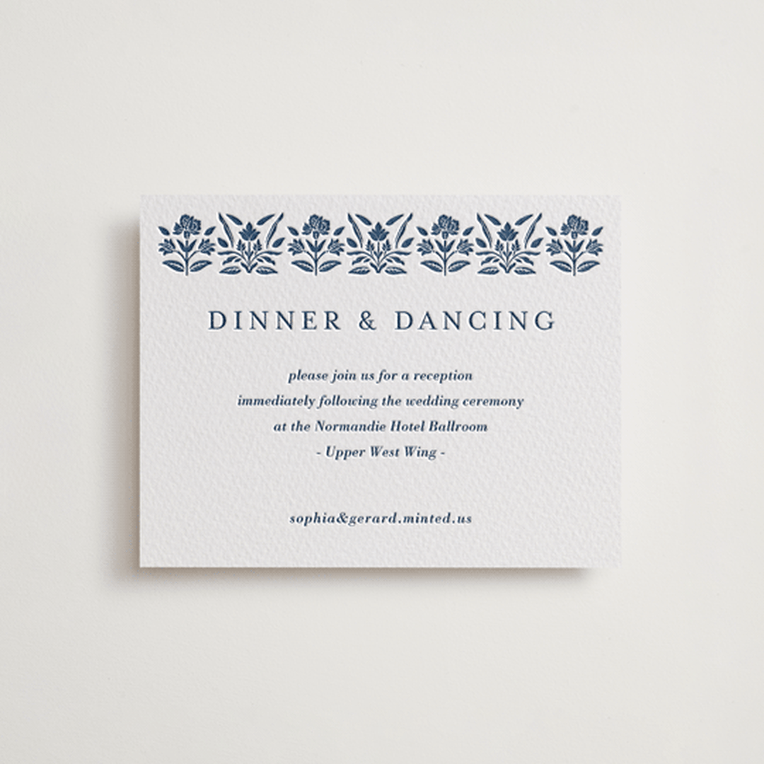 "Pressed Motif" - Letterpress Reception Cards in Indigo by Oma N. Ramkhelawan - Front