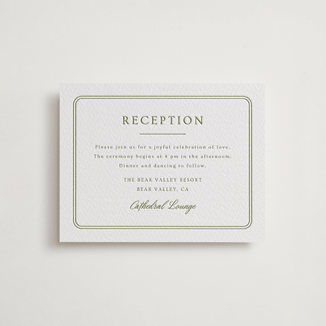 "Summit Meadows" - Letterpress Reception Cards in Pistachio by Ana Sharpe - Front