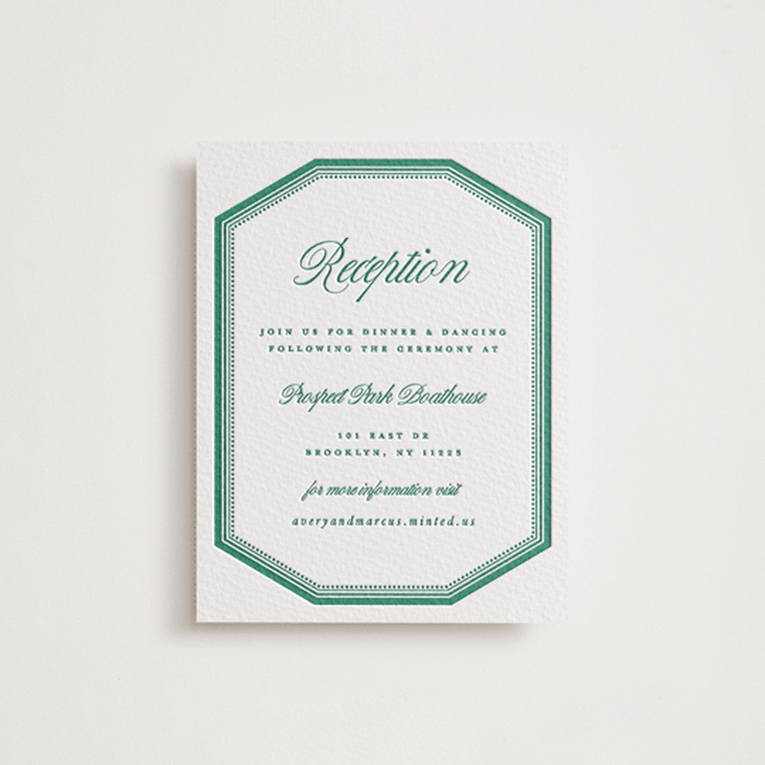 "Archer" - Letterpress Reception Cards in Cucumber by Kelly Watkins - Front