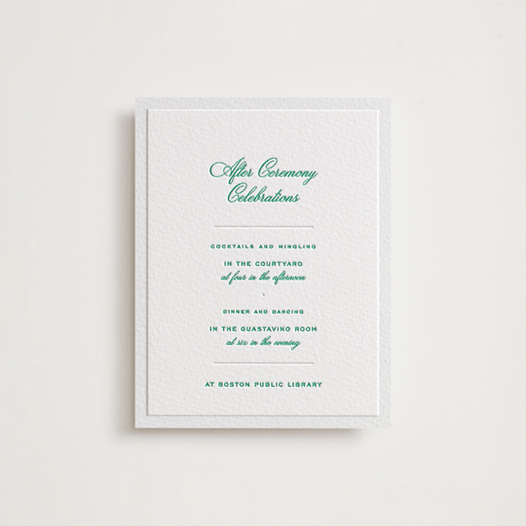 "Keepsake" - Letterpress Reception Cards in Shamrock by Blustery August - Front