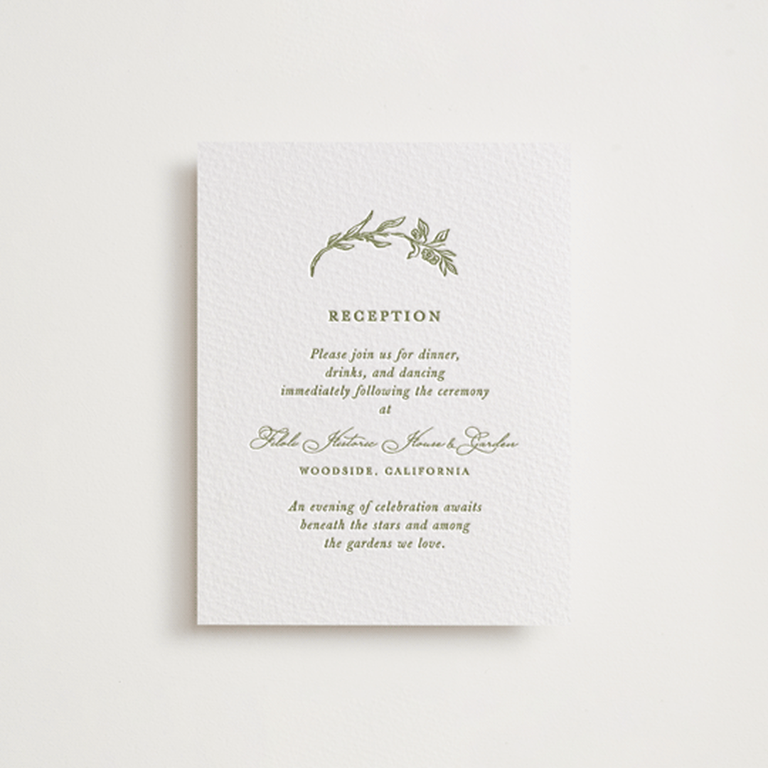 "Botanical Crest" - Letterpress Reception Cards in Pistachio by Lucrecia Caporale - Front