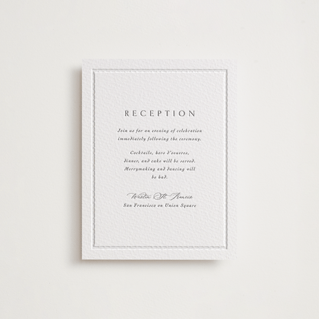 "Heirloom Needlework" - Letterpress Reception Cards in Gravel by Meggy Masters - Front
