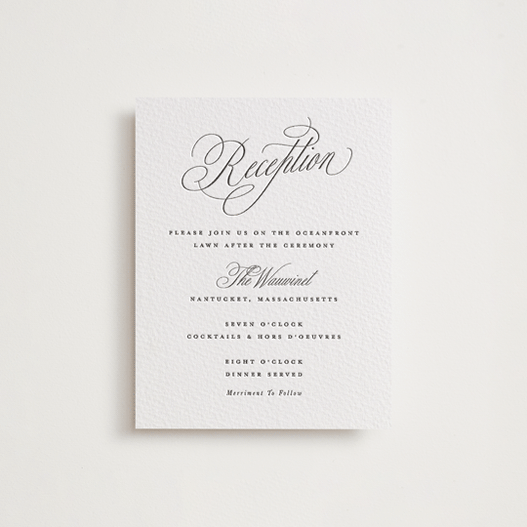 "Romantic Script" - Letterpress Reception Cards in Soft Black by Susan Zinader - Front