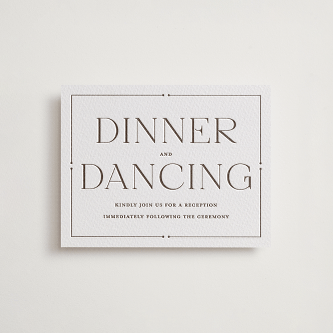 "Quiet Luxury" - Letterpress Reception Cards in Coffee by Oscar and Emma - Karly Depew - Front