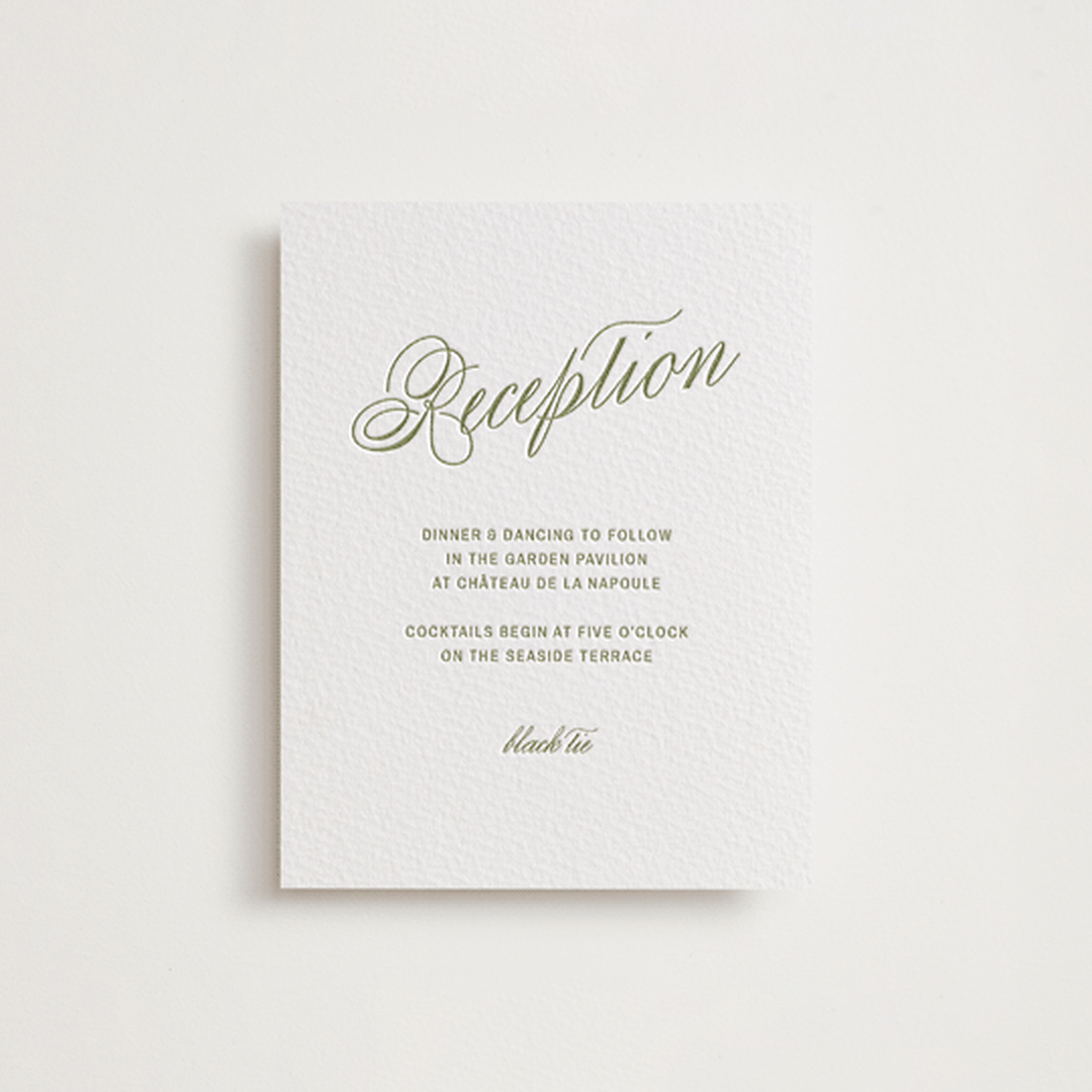 "Love in the Afternoon" - Letterpress Reception Cards in Pistachio by Ani Somi - Front