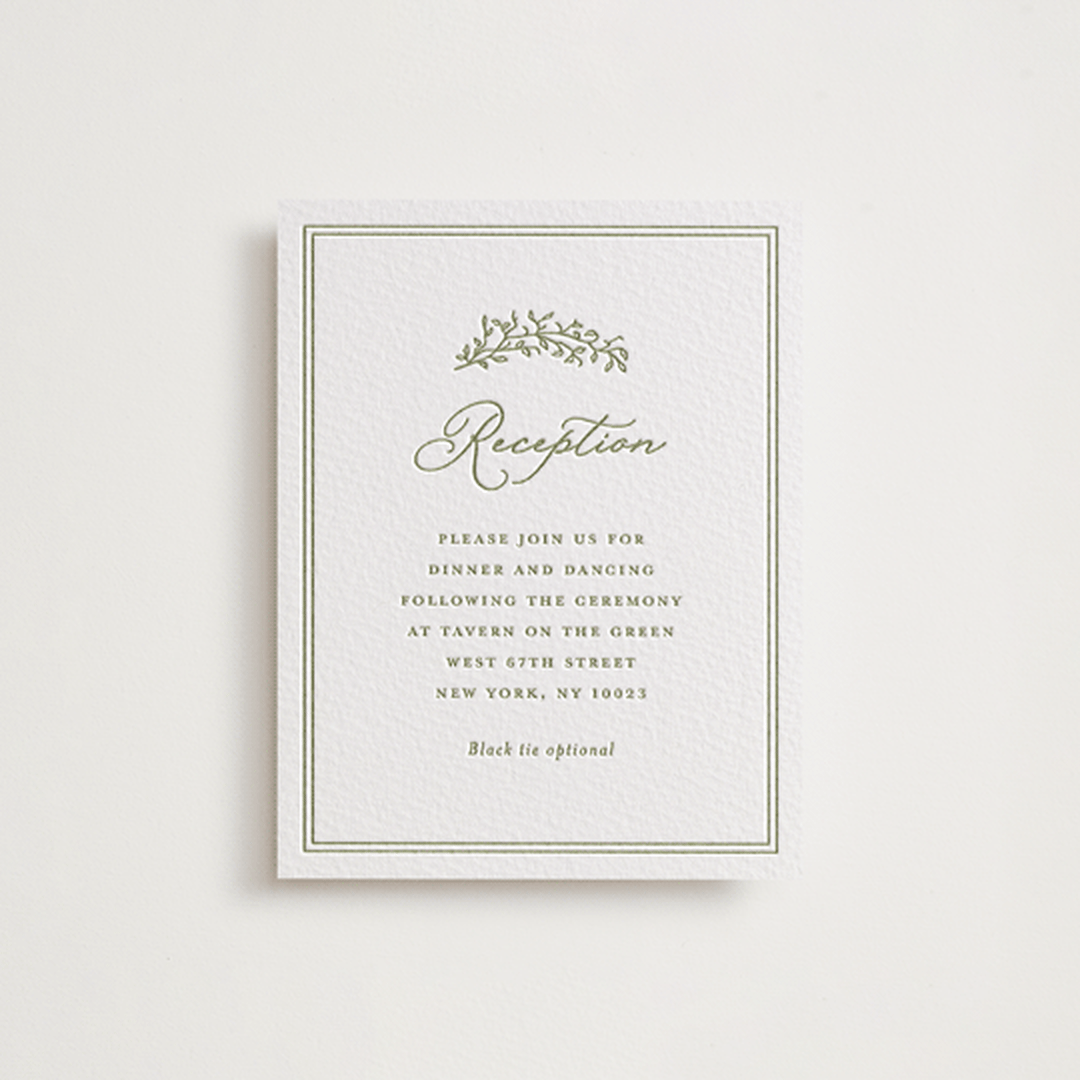 "Garden Script" - Letterpress Reception Cards in Pistachio by Katherine Moynagh - Front