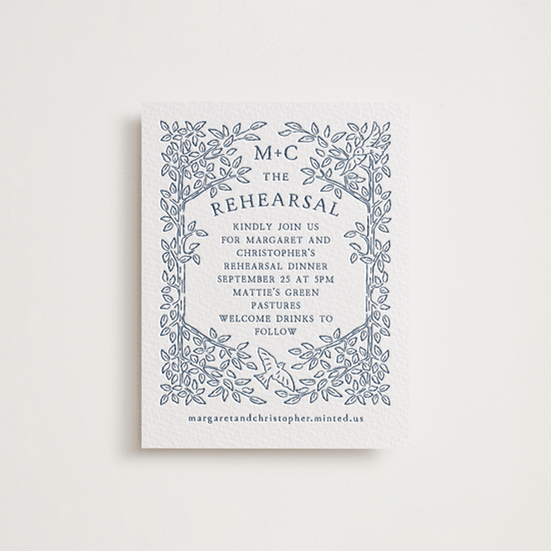 "Whimsical Woodland" - Letterpress Rehearsal Dinner Cards in Indigo by Paper Sun Studio - Front