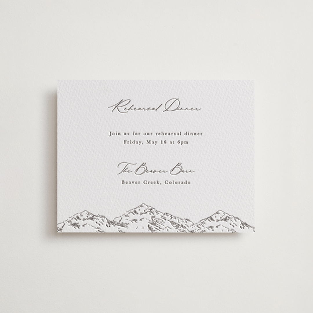 "Mountainview" - Letterpress Rehearsal Dinner Cards in Graphite by Sarah Brown - Front