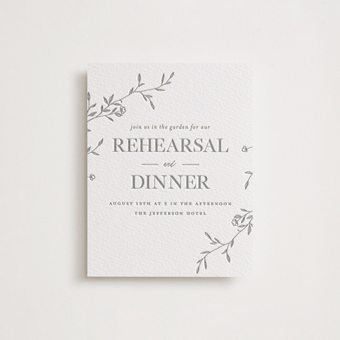 "Jasmine" - Letterpress Rehearsal Dinner Cards in Ash by Vera Lim - Front
