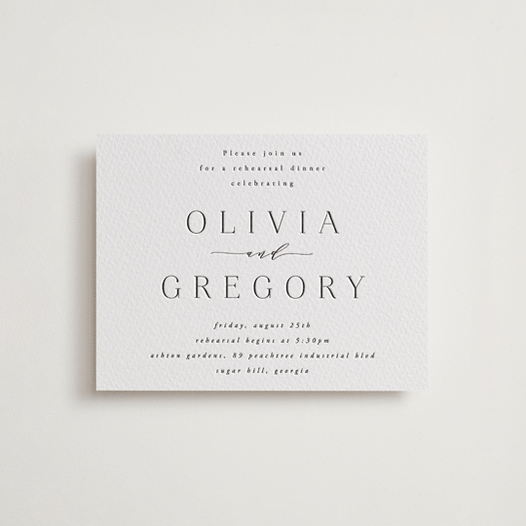 "Classy Type" - Letterpress Rehearsal Dinner Cards in Soft Black by Hooray Creative - Front