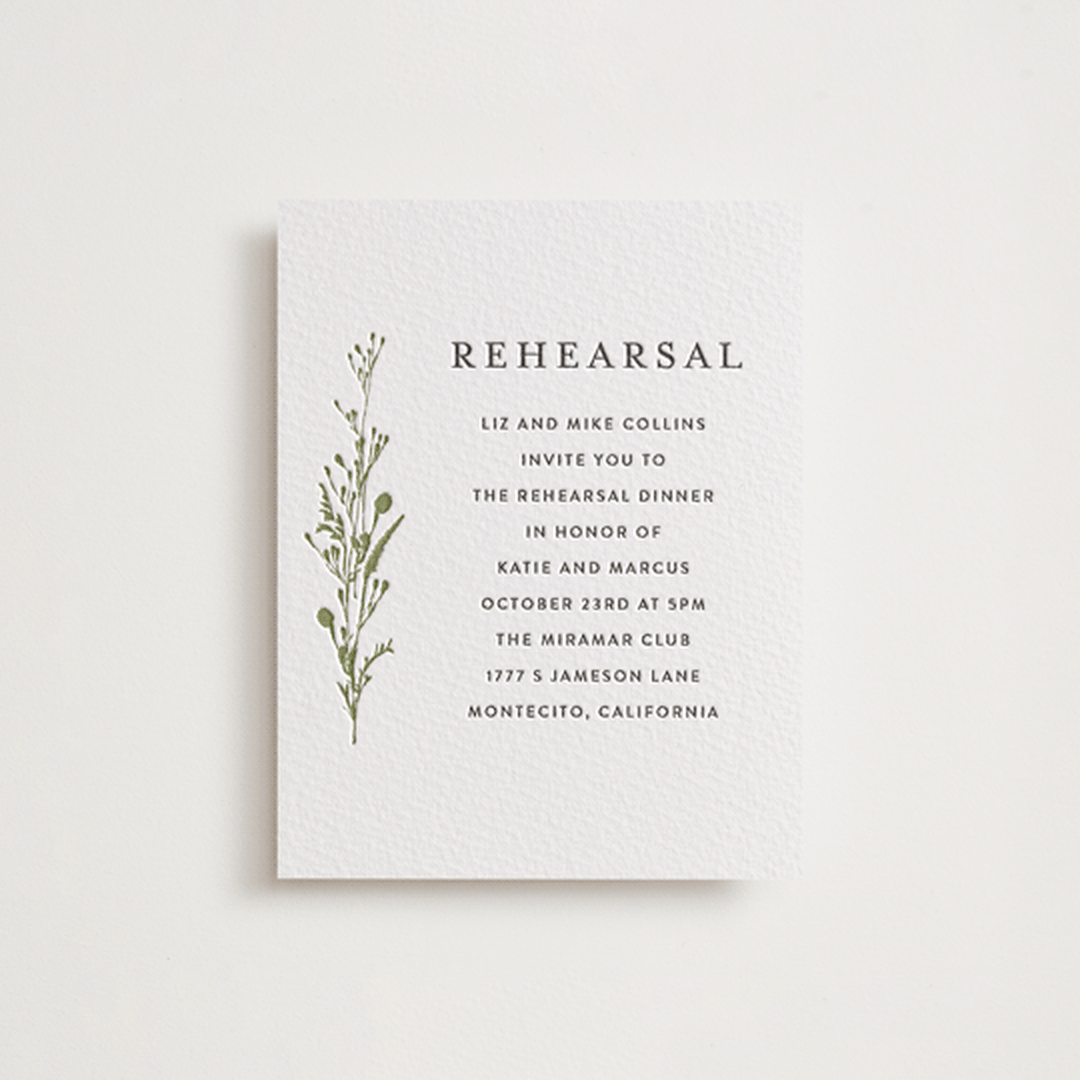 "Gathered" - Letterpress Rehearsal Dinner Cards in Pistachio | Soft Black by Susan Moyal - Front