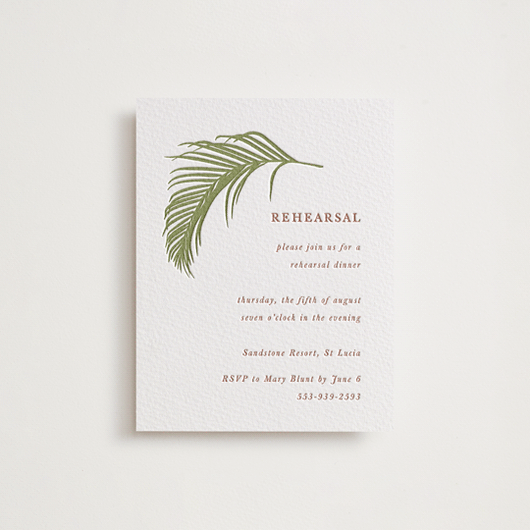 "Palm" - Letterpress Rehearsal Dinner Cards in Pistachio by Melinda Denison - Front