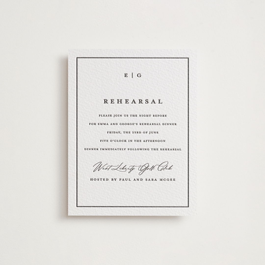 "Heritage" - Letterpress Rehearsal Dinner Cards in Soft Black by Stacey Meacham - Front