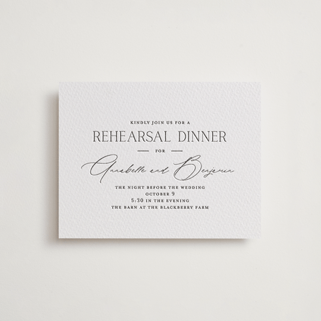 "Perennial" - Letterpress Rehearsal Dinner Cards in Soft Black by Oscar and Emma - Karly Depew - Front
