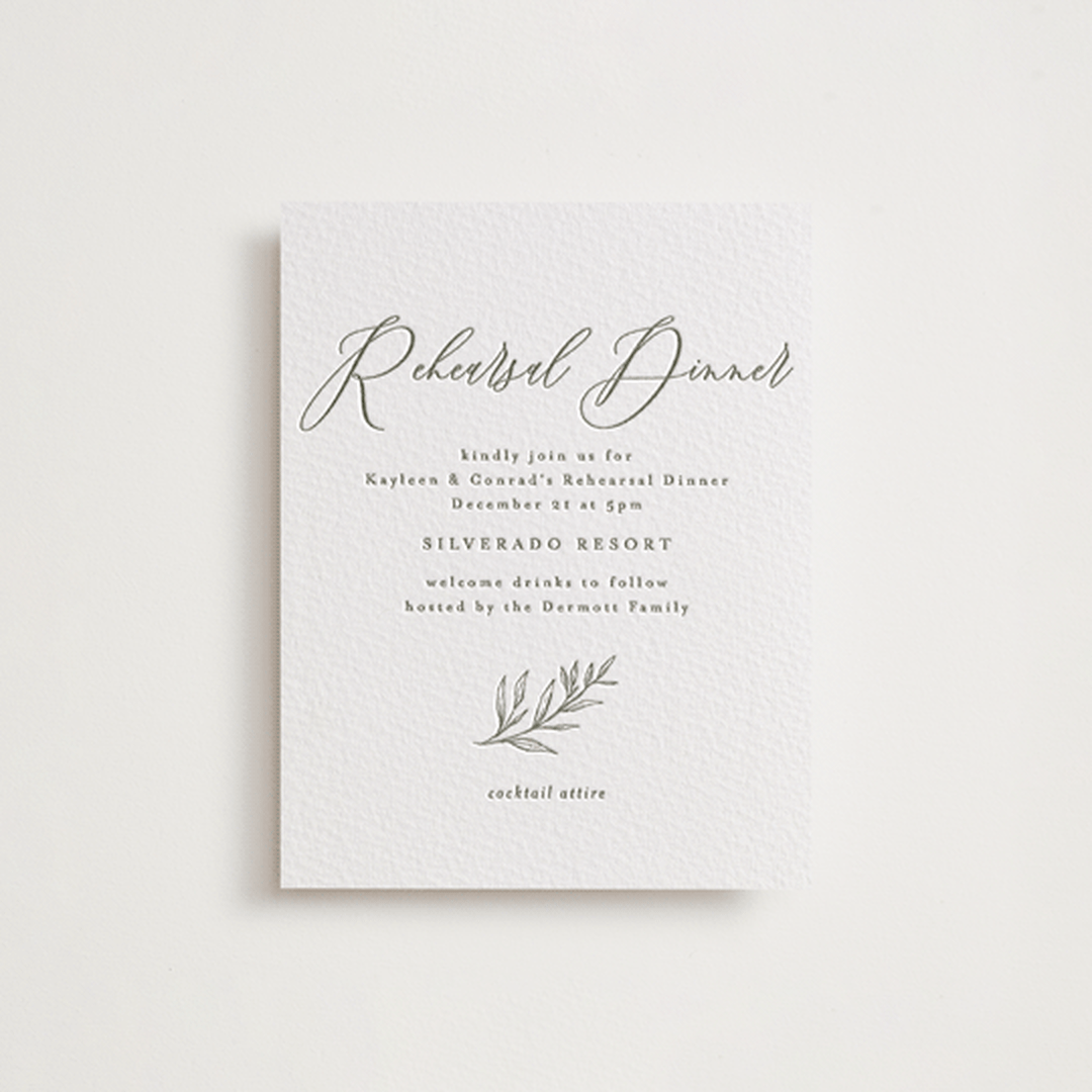 "creme au beurre" - Letterpress Rehearsal Dinner Cards in Moss by chocomocacino - Front