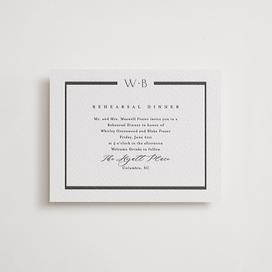 "Luster" - Letterpress Rehearsal Dinner Cards in Black by Stacey Meacham - Front