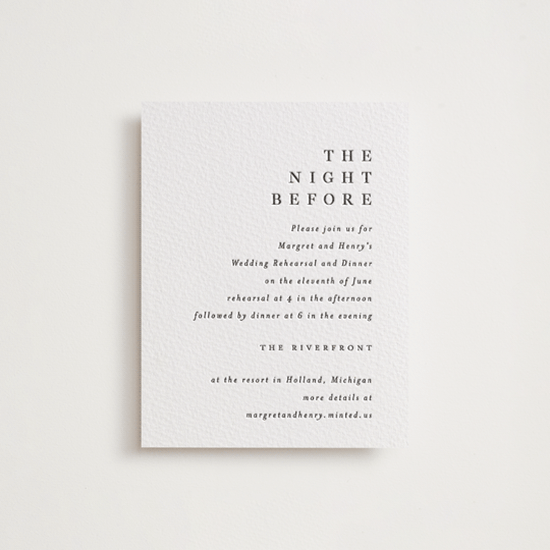 "Trio" - Letterpress Rehearsal Dinner Cards in Soft Black by Pixel and Hank - Front
