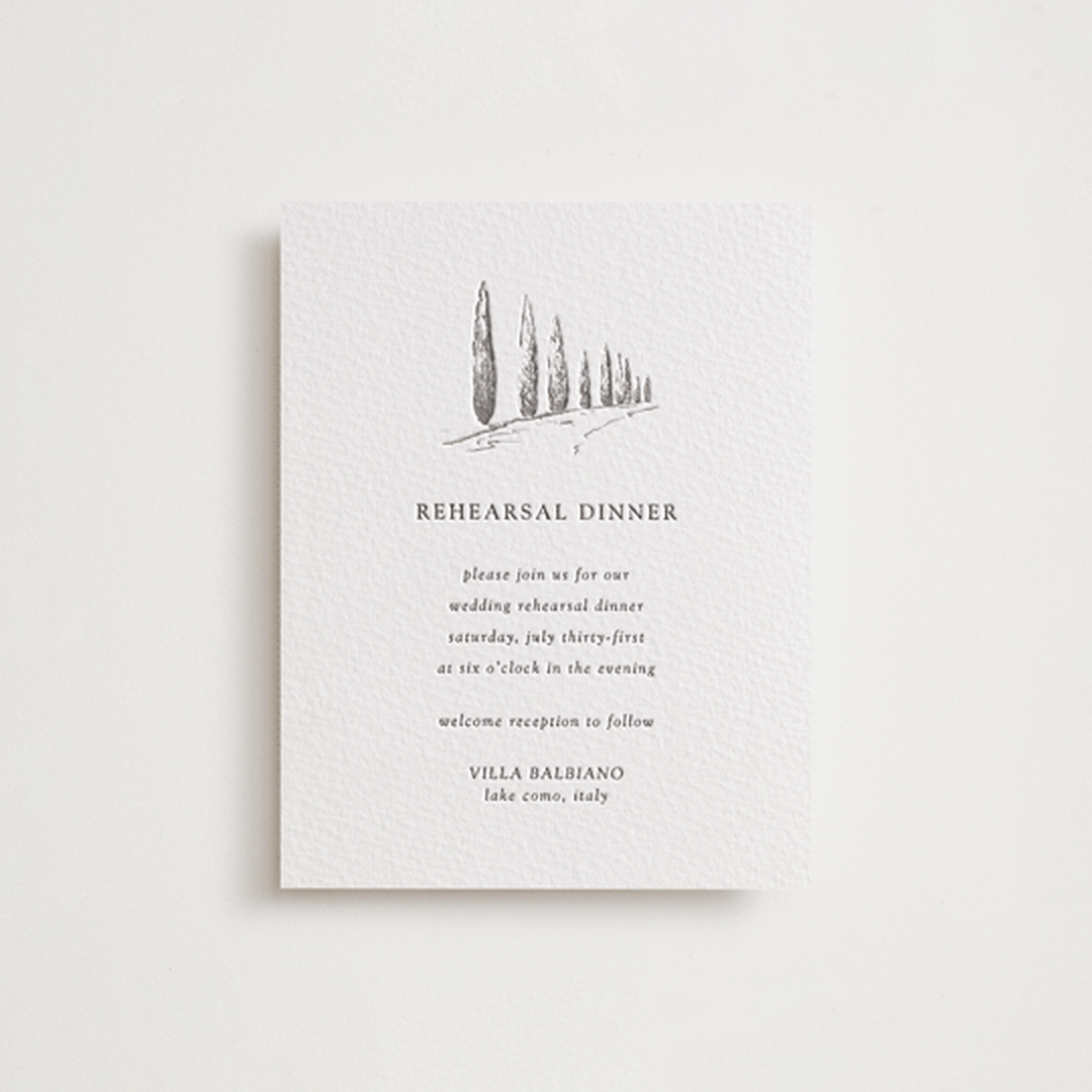 "Italian Countryside" - Letterpress Rehearsal Dinner Cards in Warm Gray by Melinda Denison - Front