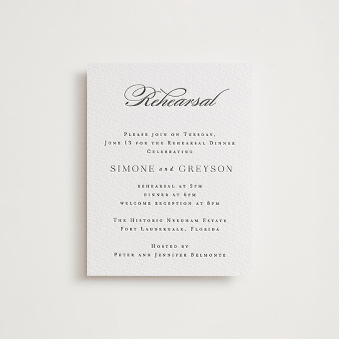 "Classic Serif" - Letterpress Rehearsal Dinner Cards in Soft Black by Hooray Creative - Front