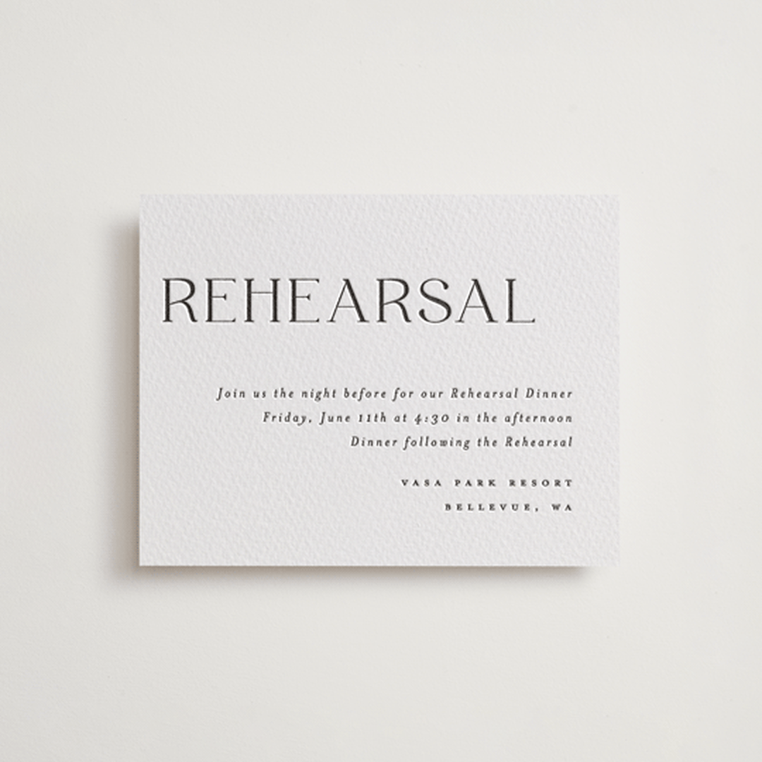 "Bold Names" - Letterpress Rehearsal Dinner Cards in Soft Black by Vera Lim - Front