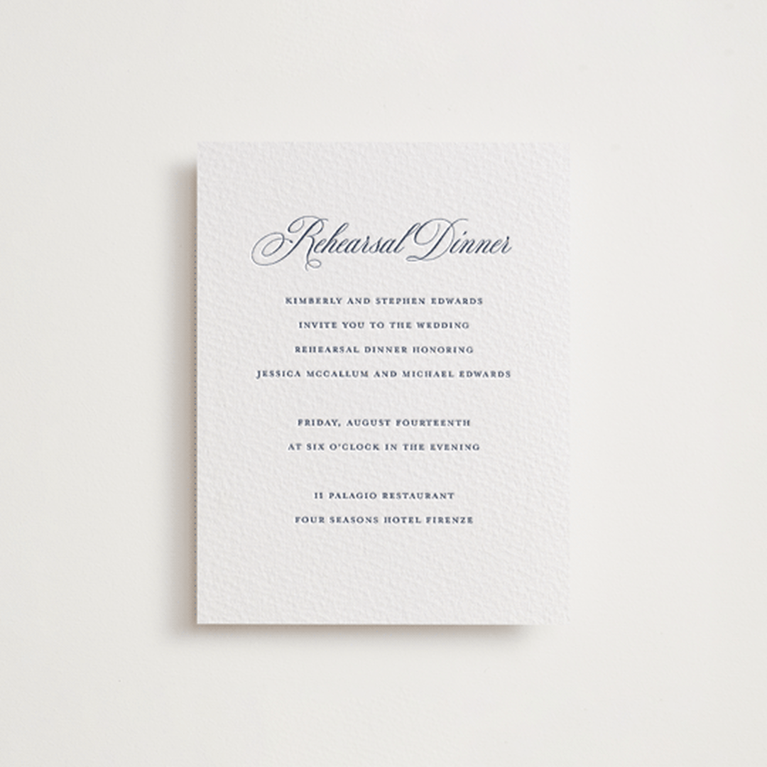 "Empire" - Letterpress Rehearsal Dinner Cards in Aegean by Jennifer Postorino - Front
