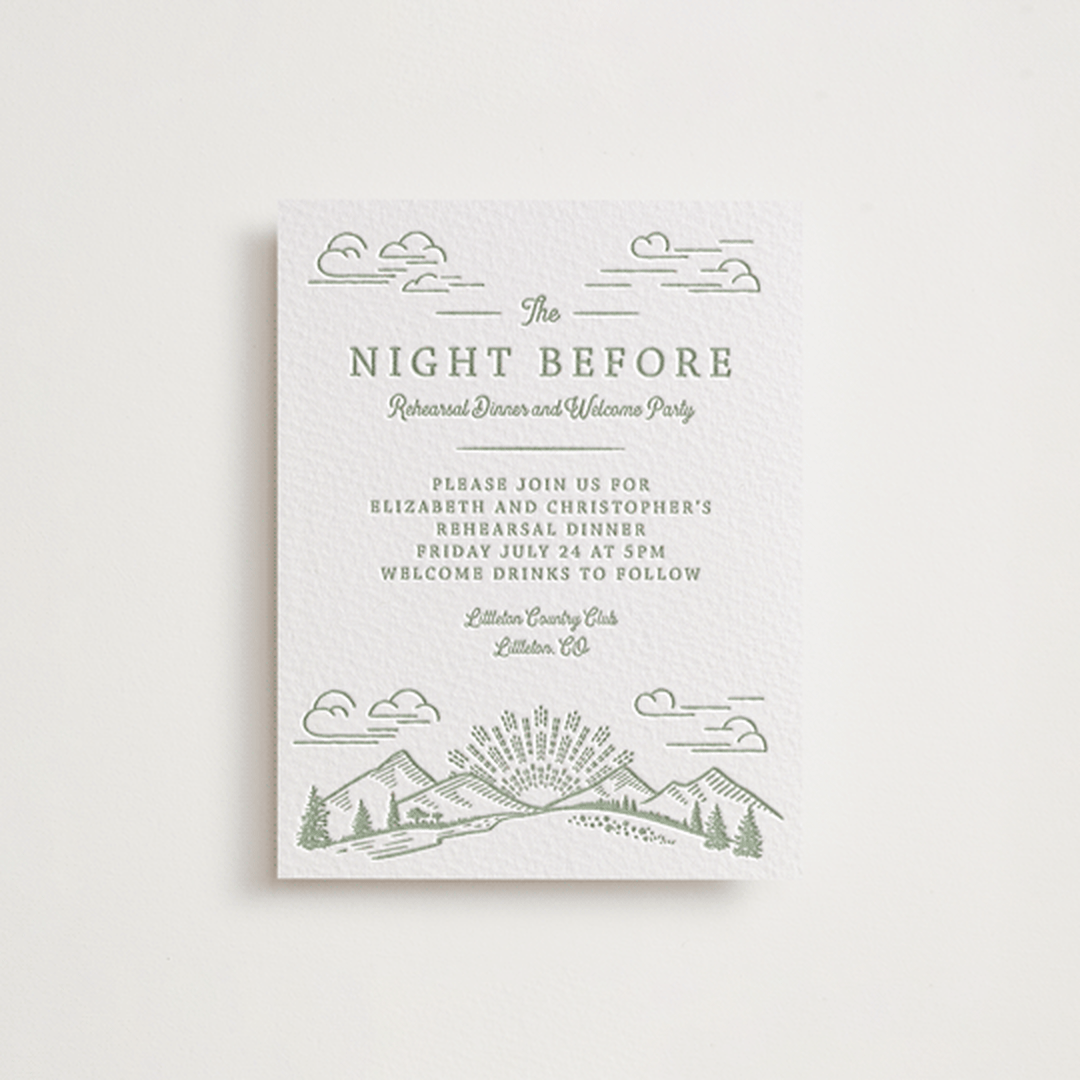 "On The Horizon" - Letterpress Rehearsal Dinner Cards in Mint by Paper Sun Studio - Front
