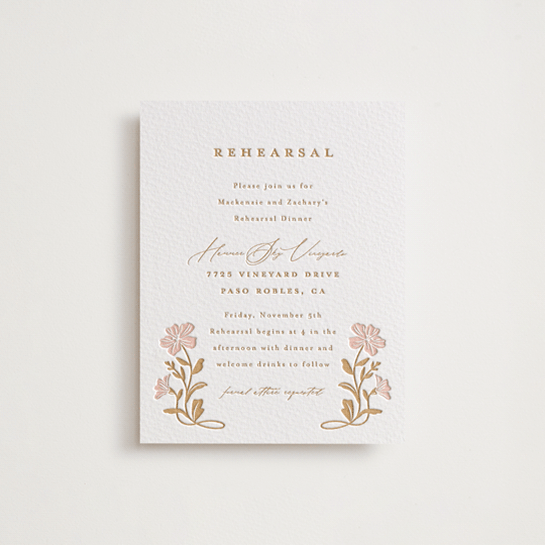 "Mirror Floral" - Letterpress Rehearsal Dinner Cards in Faux Gold by Everett Paper Goods - Front