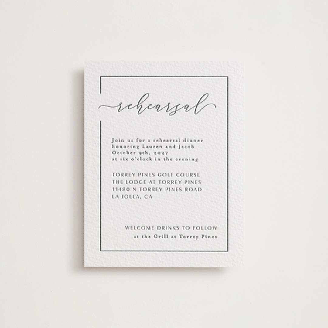 "Asymmetry" - Letterpress Rehearsal Dinner Cards in Pewter by Nicole Walsh - Front