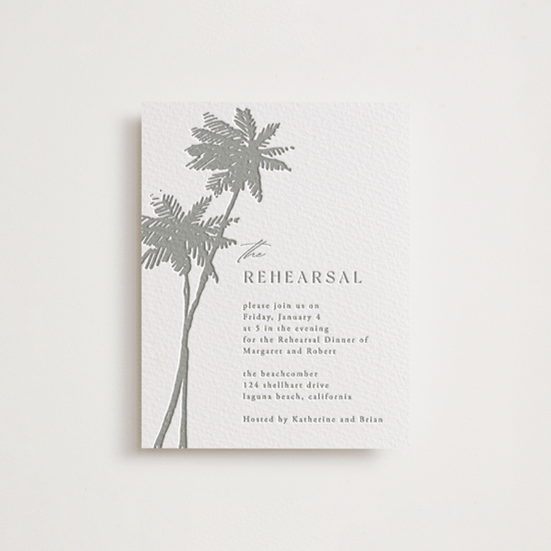 "Warm Winds" - Letterpress Rehearsal Dinner Cards in Ash by Janean Hinger - Front