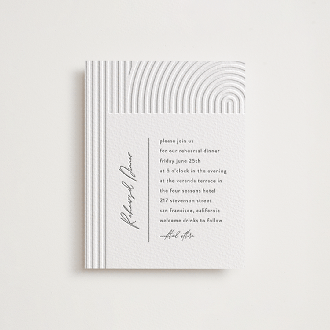 "Art Deco" - Letterpress Rehearsal Dinner Cards in Pewter by Shannon Chen of Four Wet Feet Studio - Front