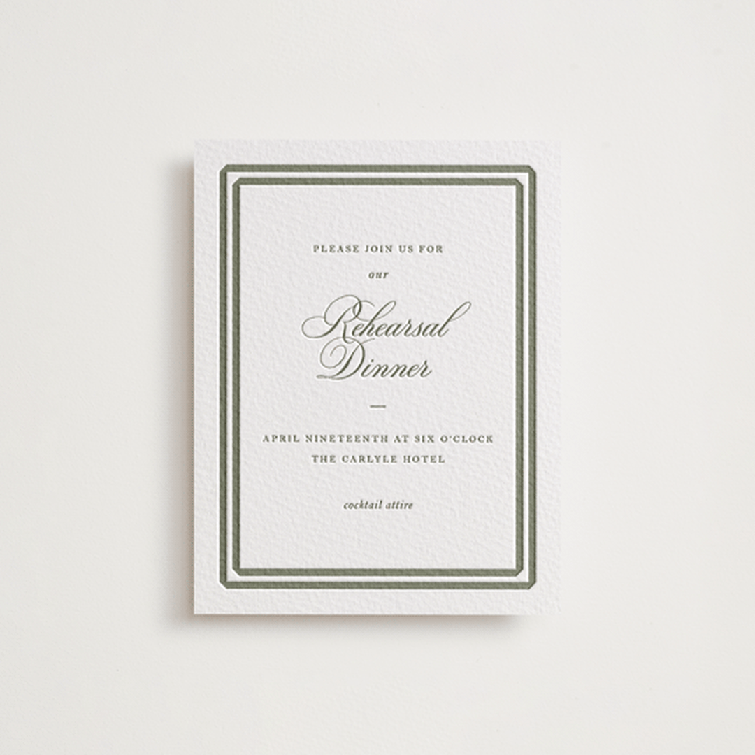 "Bevel" - Letterpress Rehearsal Dinner Cards in Moss by Megan Davis - Front