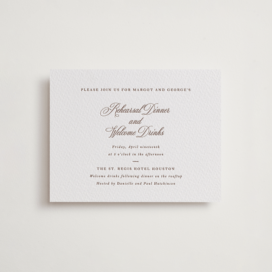 "Lombardy" - Letterpress Rehearsal Dinner Cards in Burnt Sienna by Megan Davis - Front