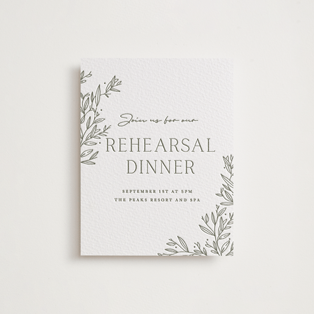 "Beauty of Nature" - Letterpress Rehearsal Dinner Cards in Moss by Oscar and Emma - Karly Depew - Front