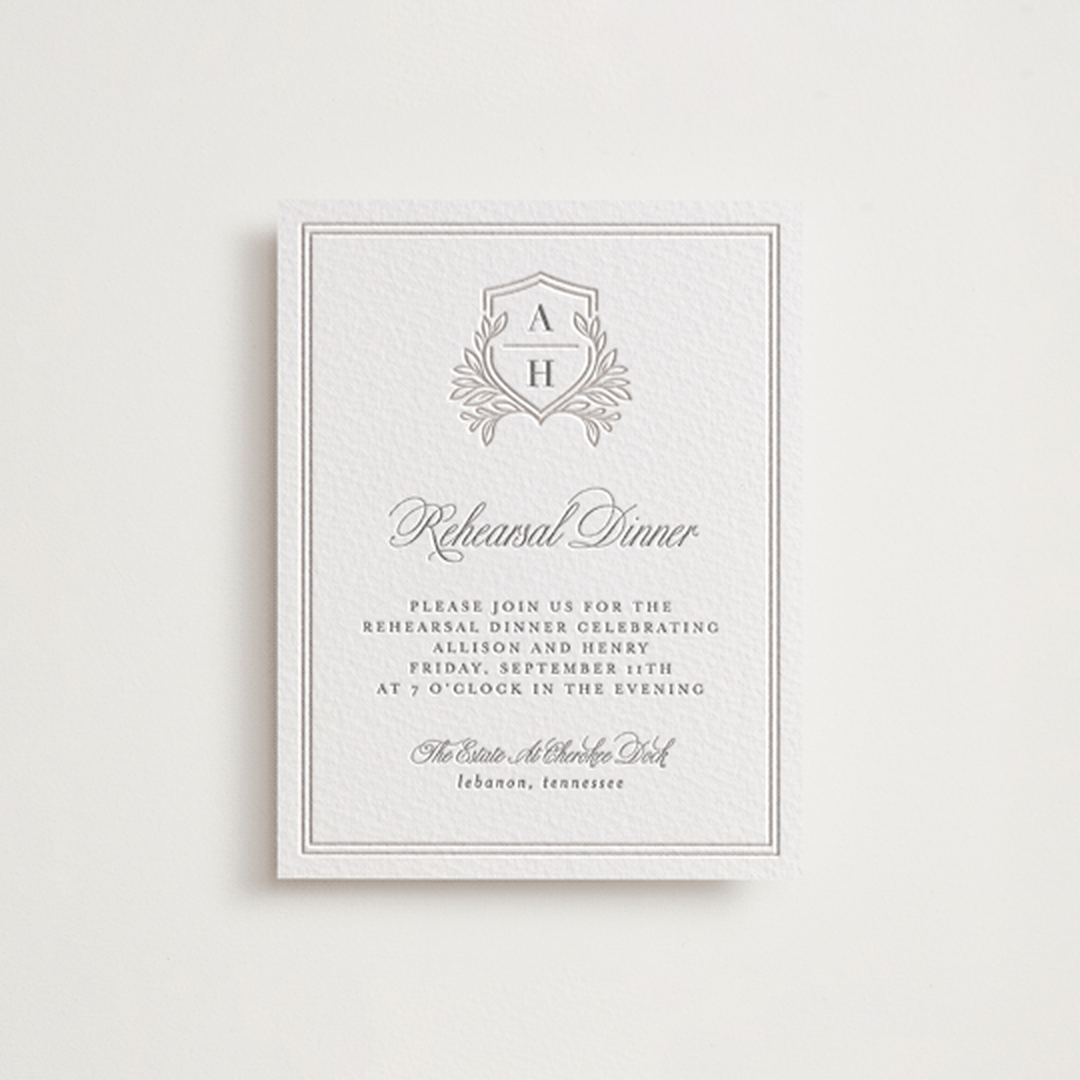 "Chic Monogram" - Letterpress Rehearsal Dinner Cards in Cement by Mansi Verma - Front