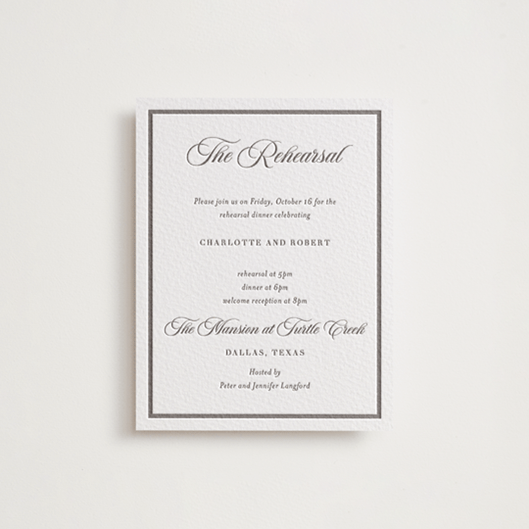 "Lowcountry" - Letterpress Rehearsal Dinner Cards in Graphite by Megan Davis - Front