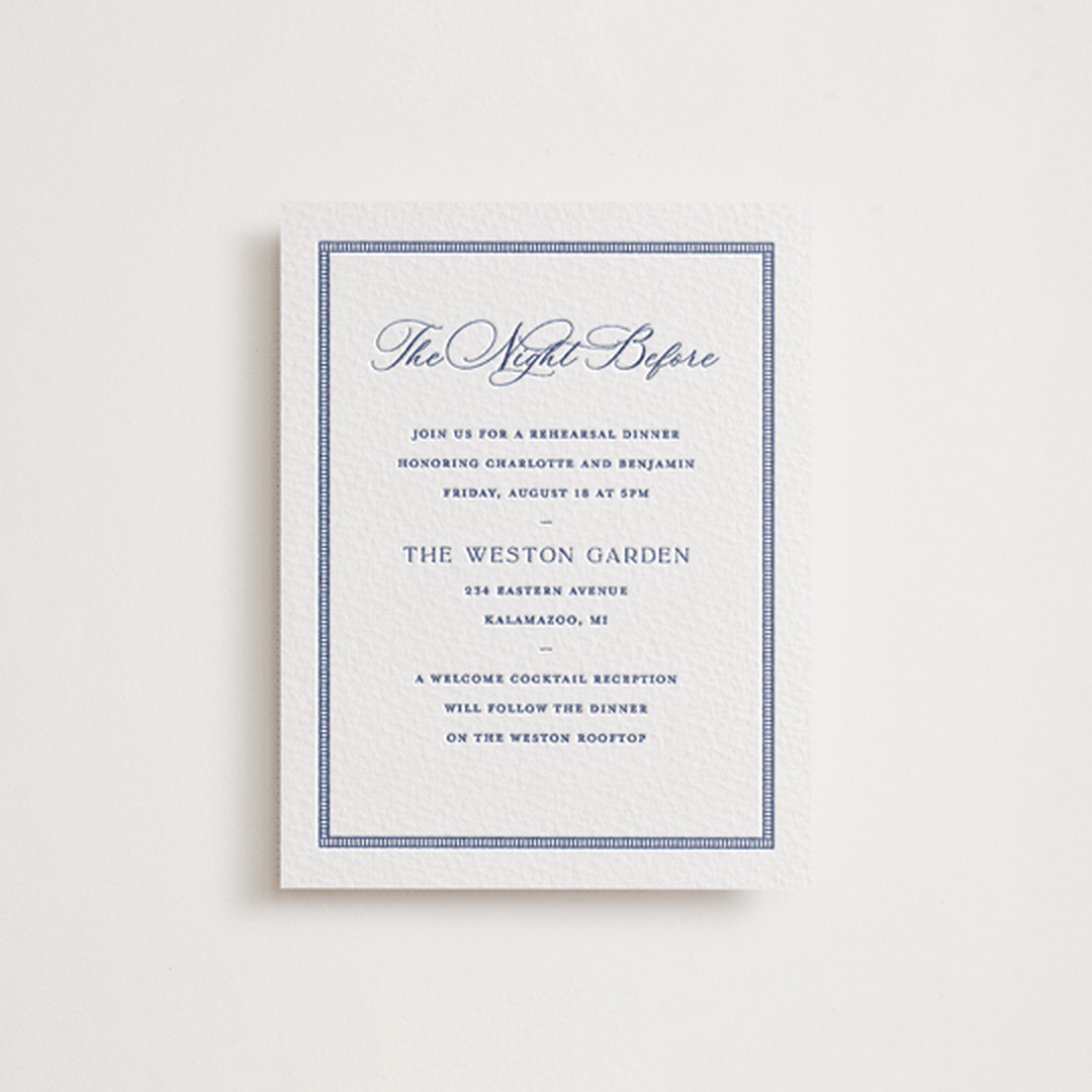 "Starboard" - Letterpress Rehearsal Dinner Cards in Lapis by Pixel and Hank - Front