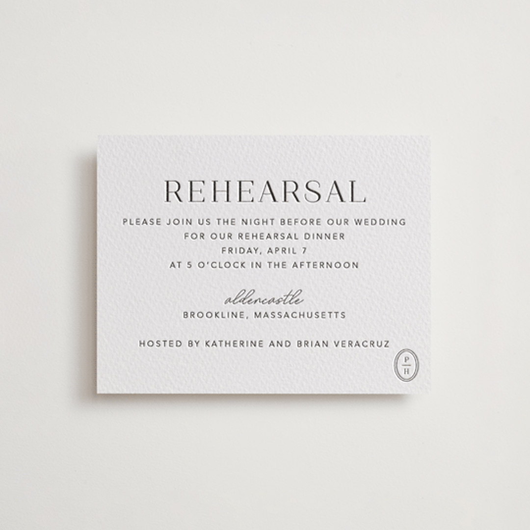 "Cosmopolitan" - Letterpress Rehearsal Dinner Cards in Soft Black by Meagan Christensen - Front