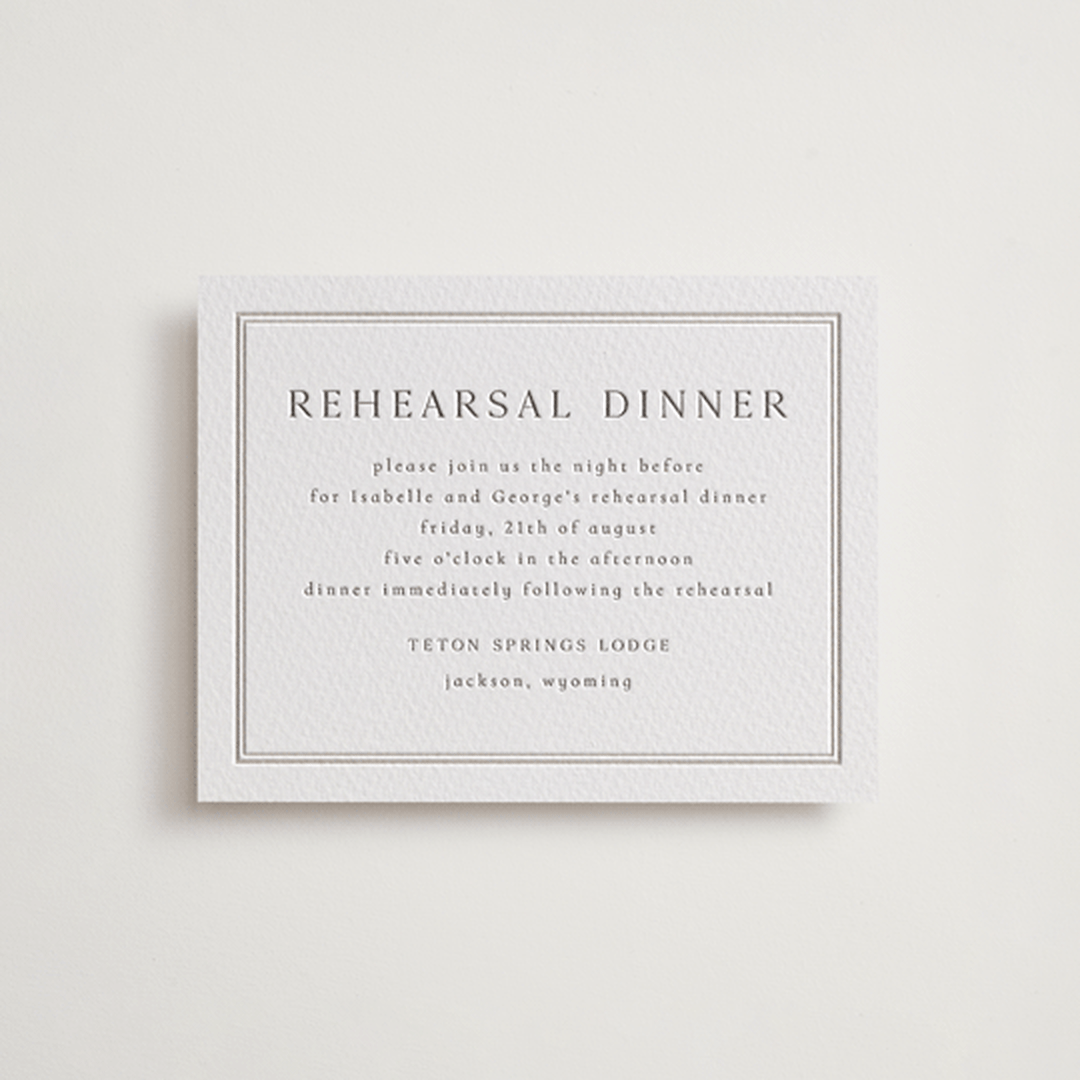 "Formal Serif" - Letterpress Rehearsal Dinner Cards in Dove Grey by Nicole Walsh - Front
