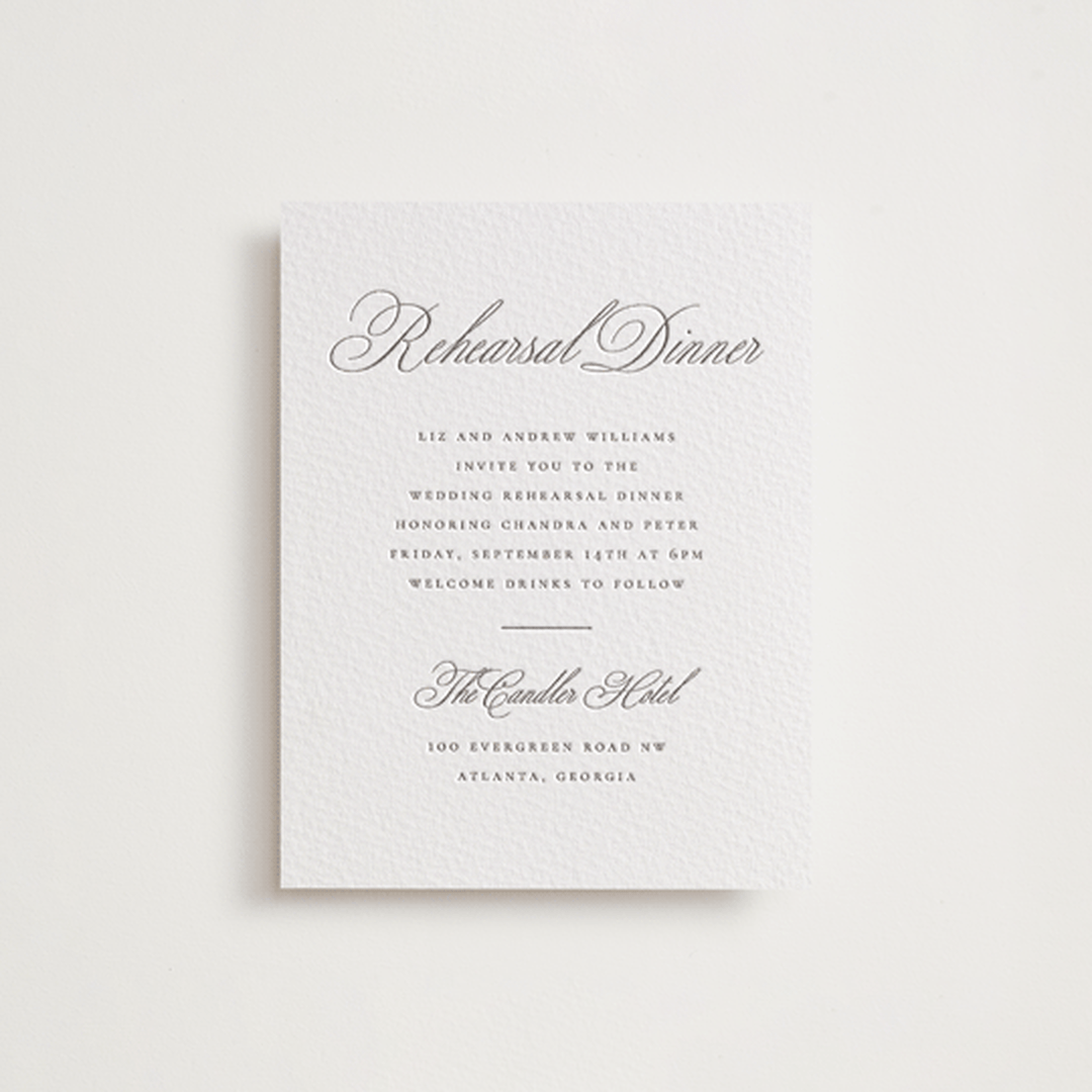 "Calligraphie" - Letterpress Rehearsal Dinner Cards in Graphite by Wildfield Paper Co - Front