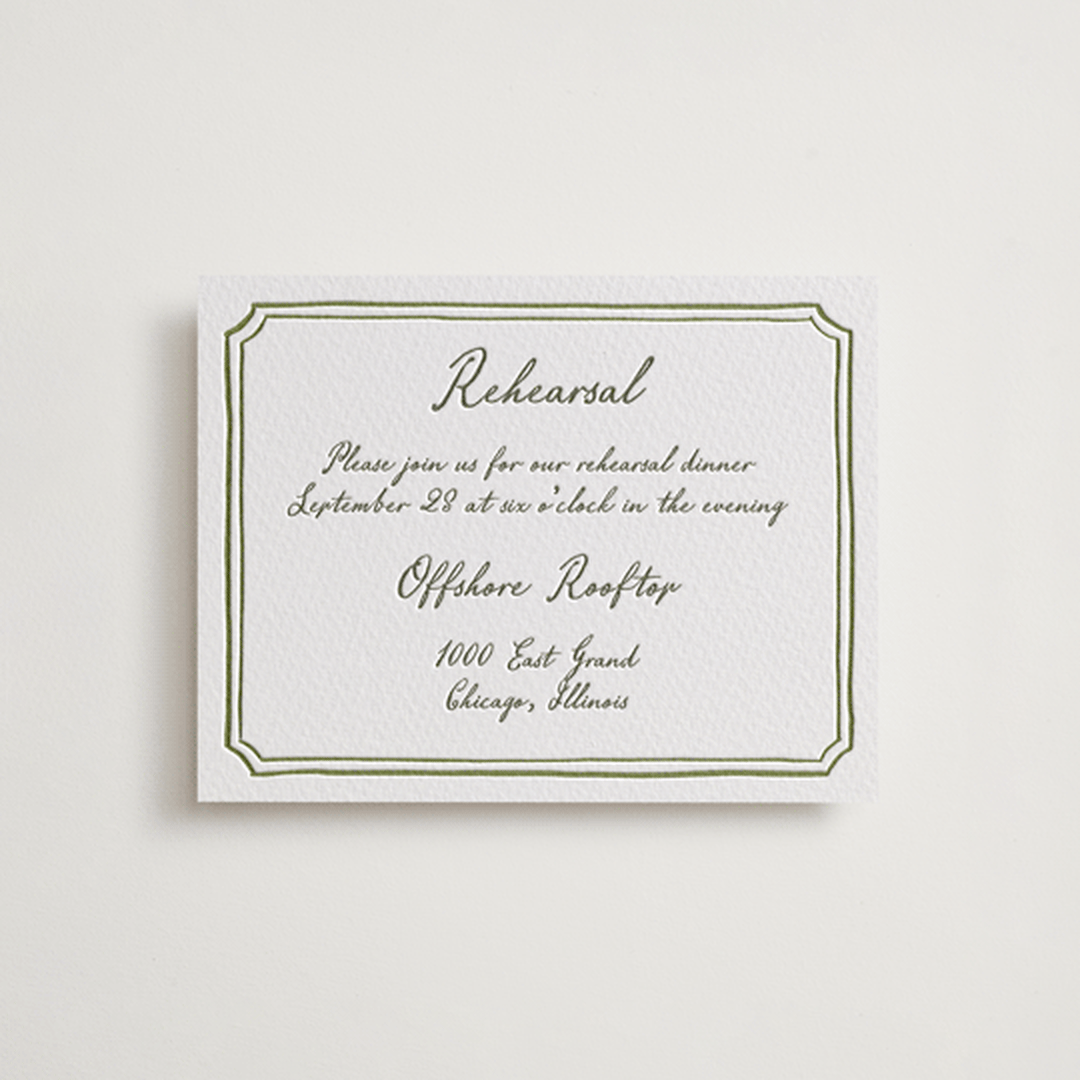 "Handwritten" - Letterpress Rehearsal Dinner Cards in Moss by Cass Loh - Front
