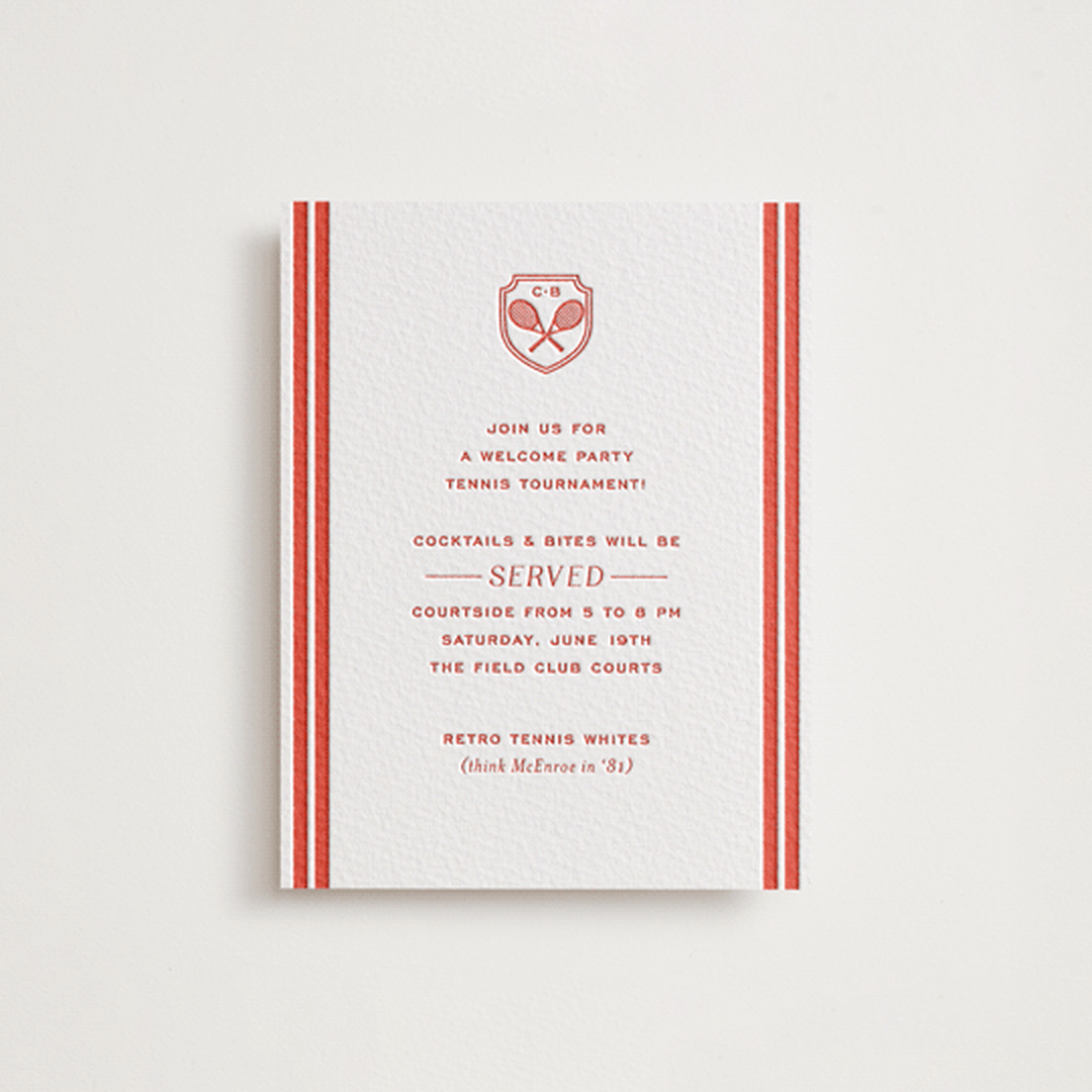 "Racquet" - Letterpress Rehearsal Dinner Cards in Verona Sunset by Megan Davis - Front