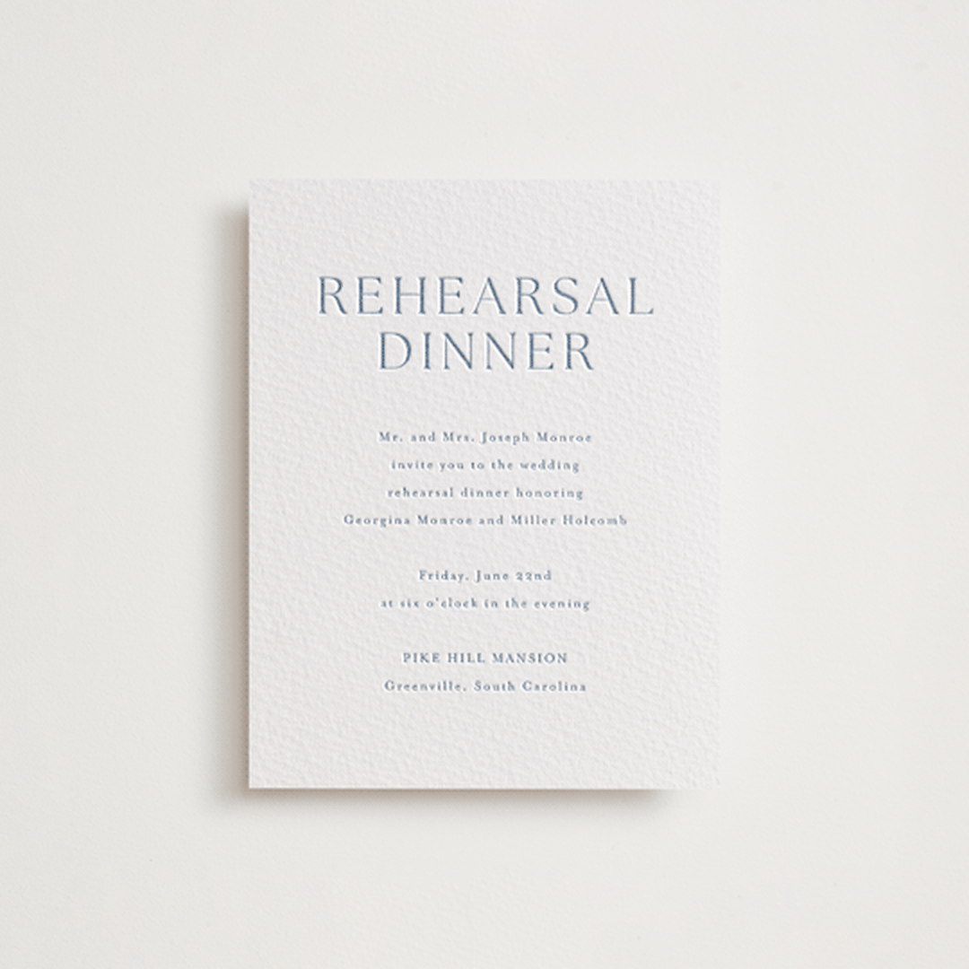 "Modern Air" - Letterpress Rehearsal Dinner Cards in Provincial Blue by Stacey Meacham - Front