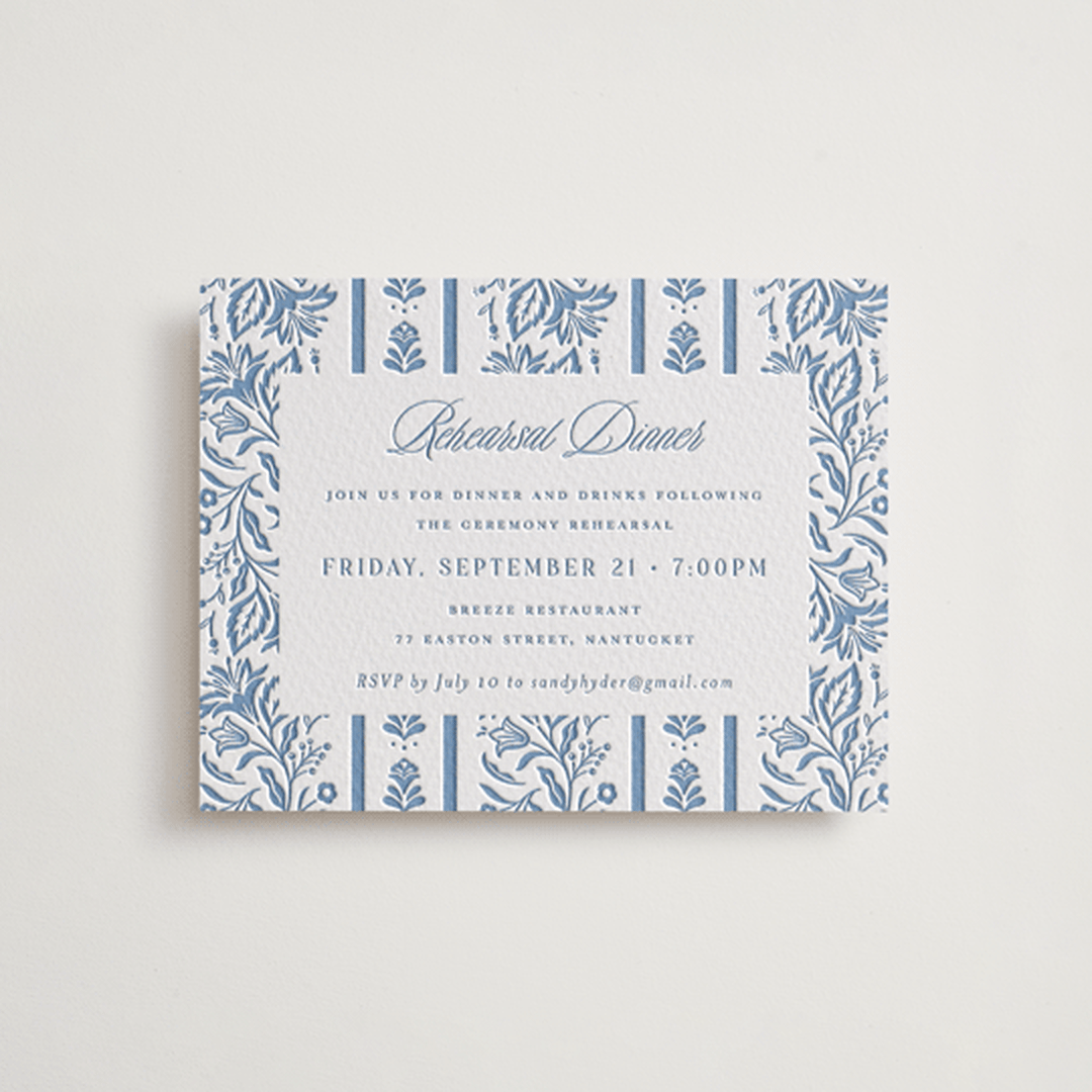 "Sweet Garden" - Letterpress Rehearsal Dinner Cards in Provincial Blue by Erin German - Front